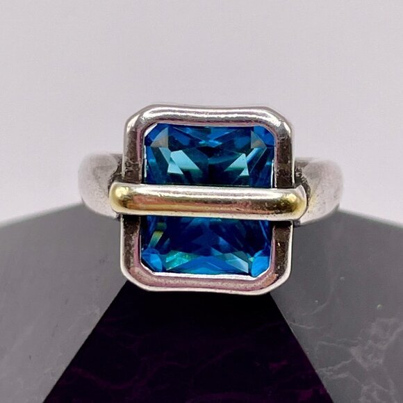 Adjustable 925 Silver Large Faux Blue Zircon w/ Gold Tone Metal Strap Ring #1303 - Picture 7 of 12